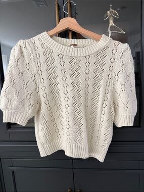 Free People Cream Openwork Knit Short-Sleeve Sweater
